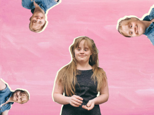 Collage mit Fotos von Hanna Gugler auf pinkem Hintergrund
