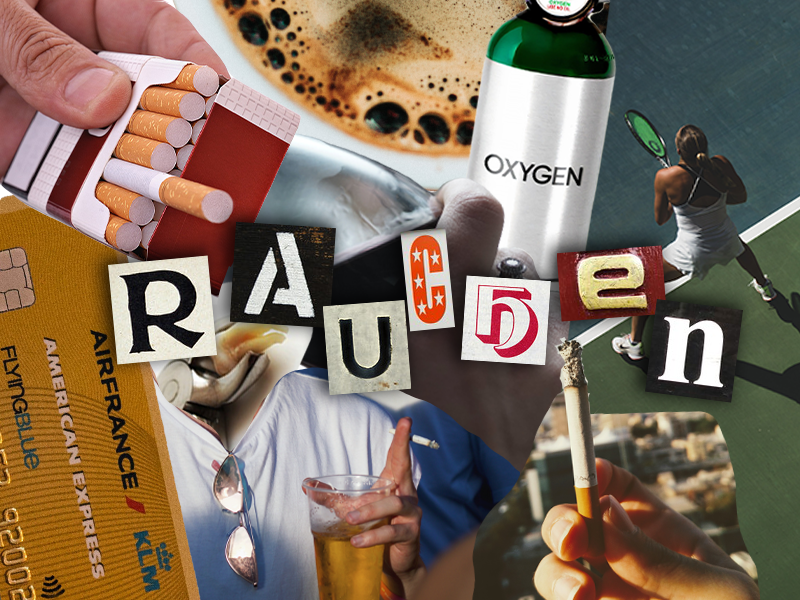 Eine Collage von Zigaretten, Alkohol und Kaffee.