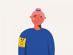 Eine gemalte Person lächelt und trägt ein Blindenzeichen auf dem Oberarm.