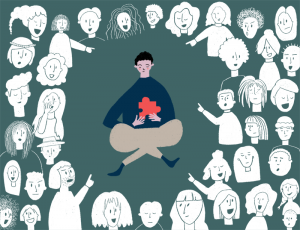Ein gezeichneter Junge sitzt in der Mitte des Bildes. Rundherum lachen ihn Menschen aus und zeigen mit den Fingern auf ihn.
