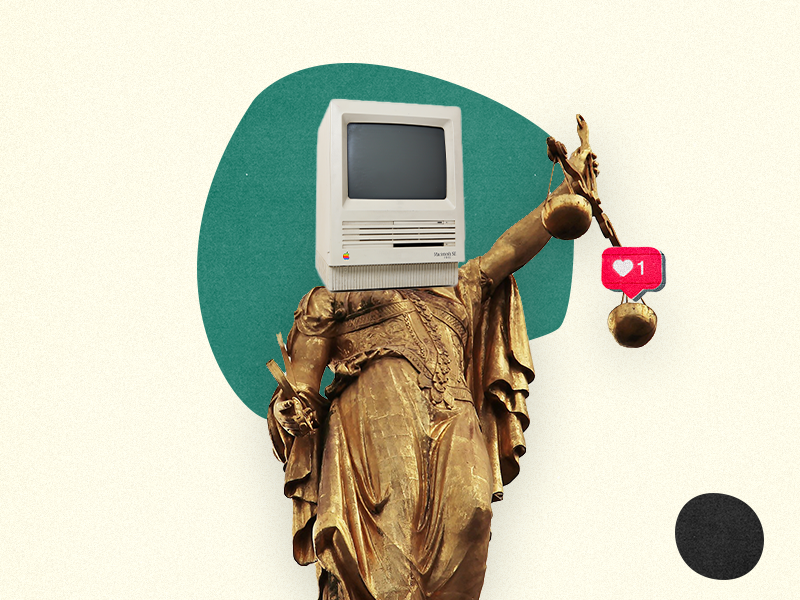 Collage: Freiheitsstatue mit Computer statt Kopf