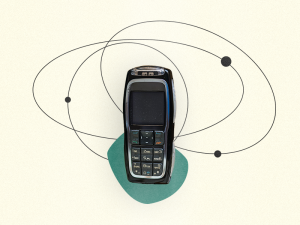 Collage: altes Handy mit schmelne Kreislinien rundherum