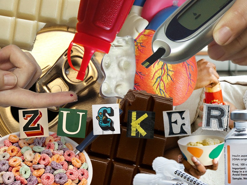 Collage: "Zucker" in der Mitte, darum Süßigkeiten, ein Finger, ein Insulinmessgerät, Ketchup etc.