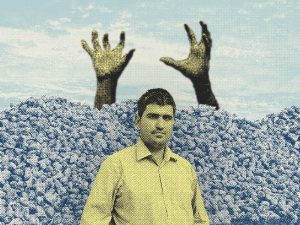Foto-Collage mit einem Portrait von Nikolai im Vordergrund. Hinter ihm stapelt sich Gemüse. Zwei nach oben gestreckte Hände ragen aus dem Gemüse.