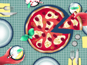 Illustration eines gedeckten Tisches. In der Mitte steht ein Teller mit Pizza. Eine Hand hält ein Stück Pizza. Eine weitere Hand greift nach einem Glas Wasser.