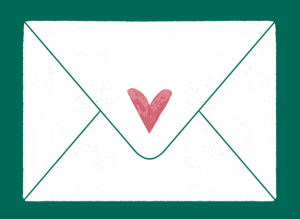 Ein weißer Briefumschlag mit einem Herz auf der Klappe