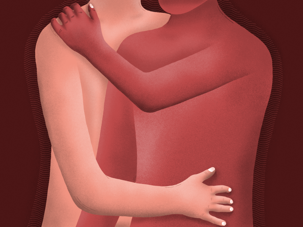 Dunkelroter Hintergrund. Im Vordergrund sieht man zwei Körper, in unterschiedlichen Rottönen, die sich umarmen.