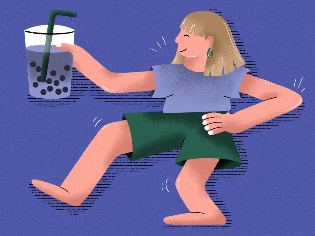 Ein Mädchen/eine Frau in einem blauen T-Shirt und einer grünen Hose tanzt. In der Hand hält sie ein Glas mit Bubble-Tea. Sie ist dabei sehr glücklich und sieht zufrieden aus. Stichworte Illustration grüne Hose blaues Shirt tanzt Bubble Tea in der Hand sieht glücklich und zufrieden aus