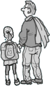 Zeichnung von einem Mann, der die Hand eines Kindes mit Rucksack am Rücken hält
