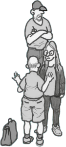 Zeichnung von drei Menschen, die miteinander sprechen