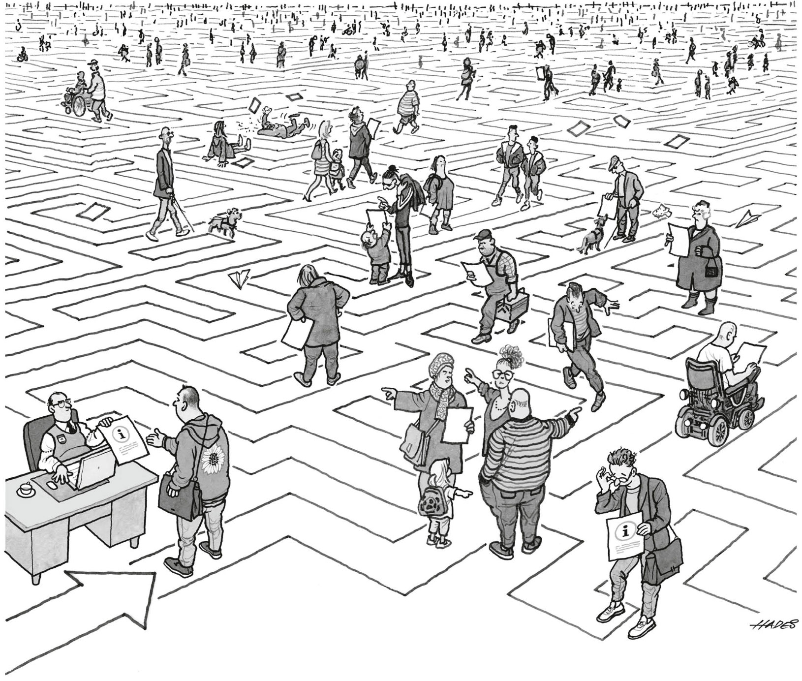 Menschen irren in einem Labyrinth herum
