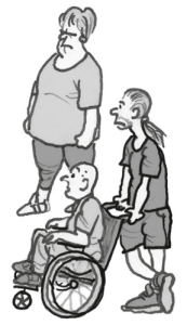 Zeichnung: Drei Menschen blicken in eine Richtung. Einer davon sitzt im Rollstuhl und wird geschoben