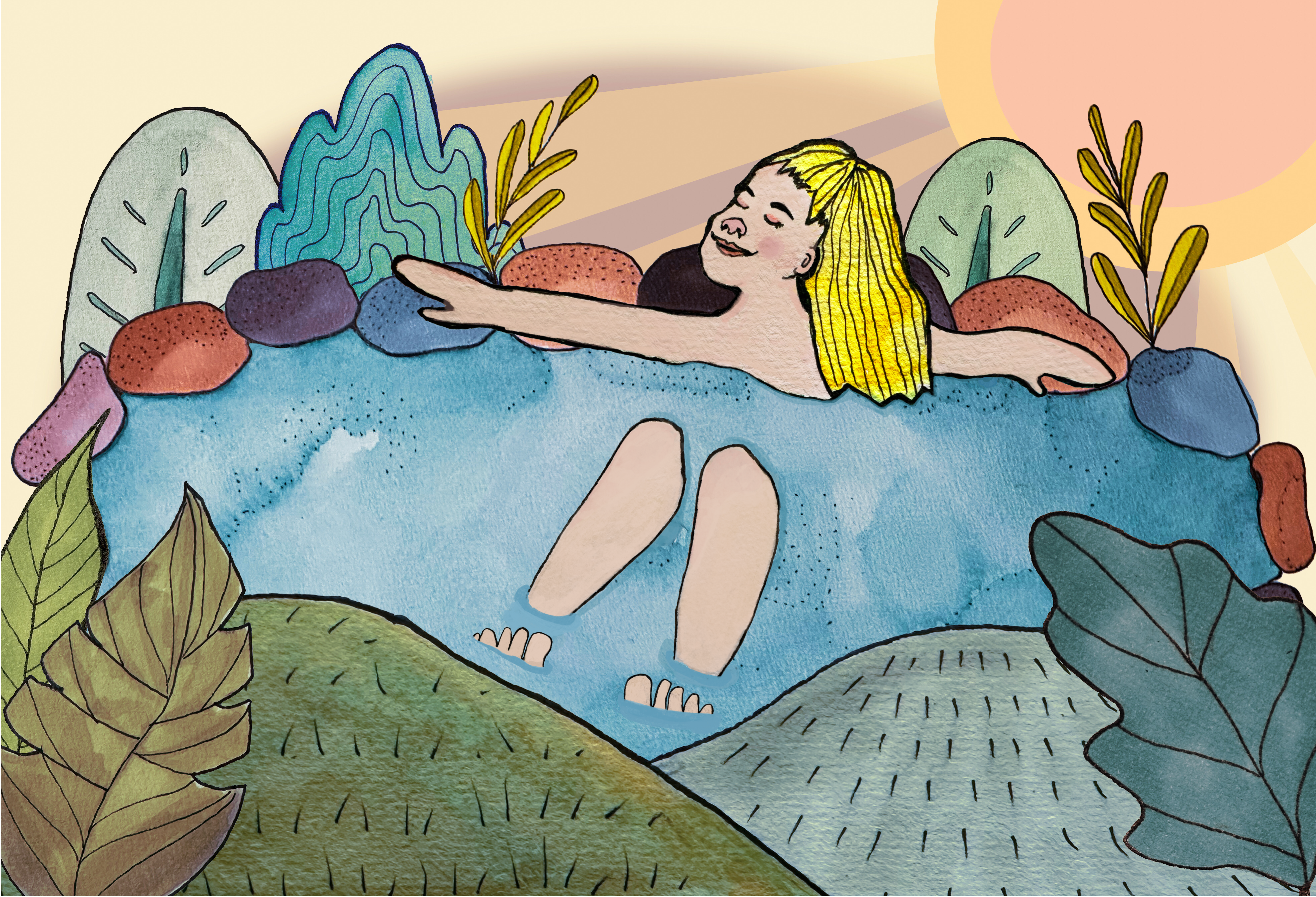 Illustraruib: Hanna sitzt entspannt in einem Teich