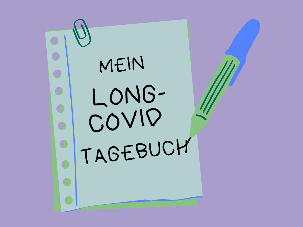 Illustration eines Notizblocks auf dem steht: Mein Long-Covid Tagebuch