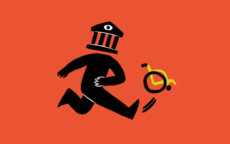 Eine Illustration. Eine schwarze Figur rennt, während sie einen Banktürm-Helm trägt. Sie kickt einen Rollstuhl. Der Hintergrund ist orange.