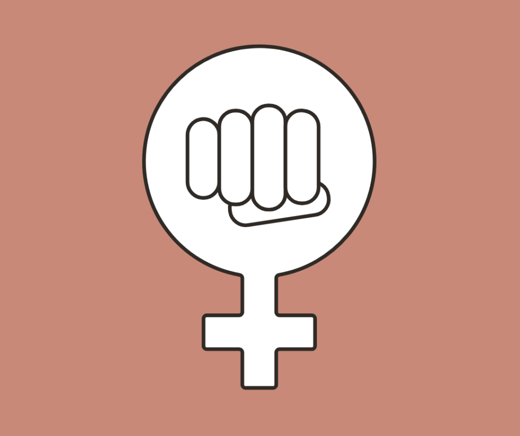 Symbol für Feminismus: Eine Kombination aus dem weiblichen Geschlechtssymbol und einer erhobenen Faust in der Mitte. Das Symbol ist weiß mit schwarzer Umrandung. Der Hintergrund ist in einem matten Rosa.